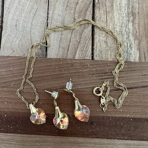 VTG Cirillo Dangle Heart Crystal Iridescent Necklace 17 Inch Earrings‎ Set Gold
